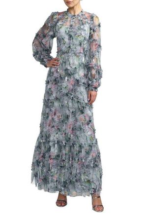Mac Duggal Floral Long Sleeve High Neck Ruffle Detail Gown in Platinum Multi at Nordstrom, Size 16