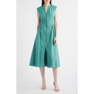 Vince Camuto Stripe Zip Front Sleeveless Midi Dress in Dark Green at Nordstrom, Size 10