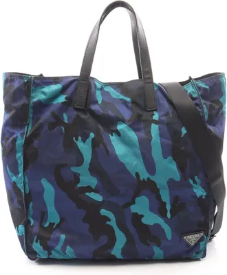 Prada Black Blue Multi-Color Nylon Leather Handbag Tote Bag (Pre-Owned)