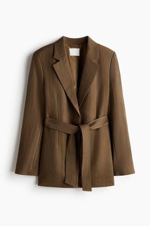 H&M Textured-weave Tie-belt Blazer in Dark Khaki Green at Nordstrom, Size Xx-Large