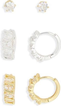 Nordstrom Rack Set of 3 Cubic Zirconia Stud & Huggie Hoop Earrings in Clear- Gold- Silver at Nordstrom Rack