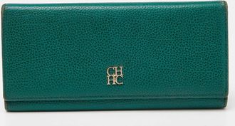 Carolina Herrera Green Leather Flap Trifold Continental Wallet