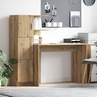 Berkfield Home Desk with Storage Artisan Oak Engineered Wood in Light Grey