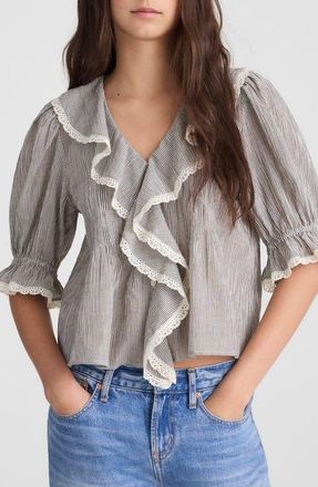 Madewell Ruffled Puff Sleeve Cotton Button-Up Shirt in Blue White Micro Str at Nordstrom, Size Small