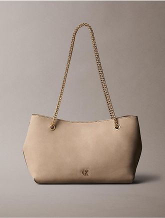 Calvin Klein Womens Sueded Minimal Monogram Chain Shoulder Bag - Brown