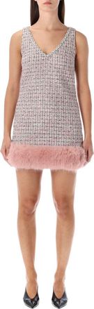 Self Portrait Bouclé Mini Dress With Faux Fur Hem