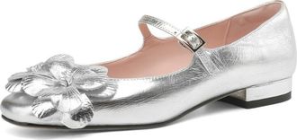 TinaCus Womens Genuine Leather Floral Buckle Square Toe Chunky Heel Handmade Mary Janes Shoes, Silver, 4.5 UK