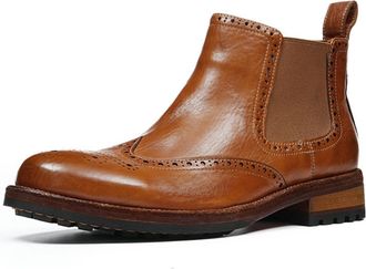 Generic Mens Pull on Chelsea Ankle Boots Round Toe Vintage Brogue Shoes Chunky Block Heel Short Boots,Brown2,6.5 UK