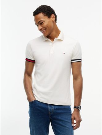Tommy Hilfiger Mens Slim Fit Flag Cuff Smooth Cotton Polo - Ivory Petal - XXL