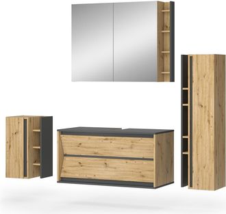Vicco Conjunto De Muebles De Ba&ntilde;o Edelin, Antracita/roble Artesanal, 4 Piezas, Vicco