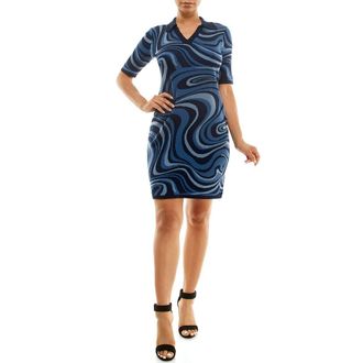 Nina Leonard Johnny Collar Groovy Swirl Jacquard Sweater Dress in Navy Multi at Nordstrom Rack, Size X-Large