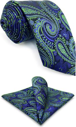 Shlax & Wing Mens Necktie Paisley Blue Green Tie Sets with Pocket Square Pack Wedding Classic Size 57.5×3.15