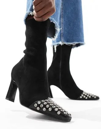Asos Rosie mid-heel sock boot in black with studded toe-cap-Multi