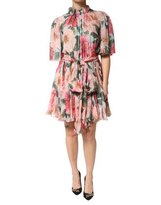 Dolce & Gabbana Multicolor Floral Silk Chiffon Pleated Mini Womens Dress