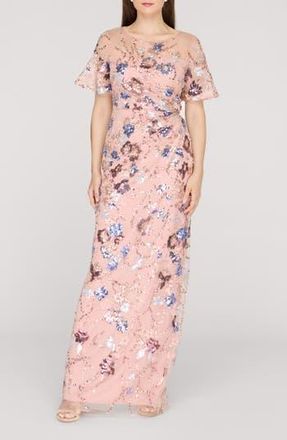JS Collections Alisa Sequin Embellished Short Sleeve Column Gown in Rose Gold at Nordstrom Rack, Size 18