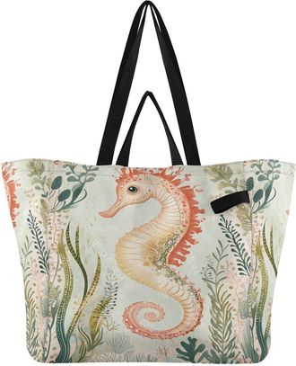 Generic Seahorse Green print Reusable Canvas Tote Bag, Heavy Duty Grocery Shopping Bag with Large Capacity Hard Bottom Double Handles Work Groceries Travel