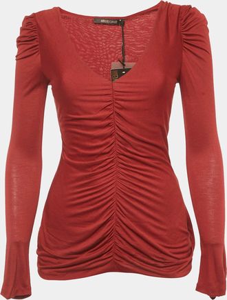 Roberto Cavalli Red Ruched Jersey Long Sleeve Top