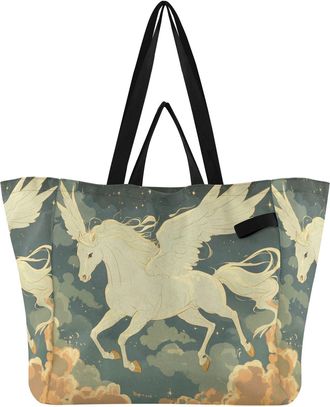 Generic Horse Starry Night Teal print Reusable Canvas Tote Bag, Heavy Duty Grocery Shopping Bag with Hard Bottom Double Handles Large Capacity Work Groceries 