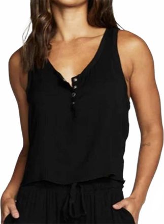 Chaser Heirloom Wovens Cropped Snap Front Racerback Henley Top In True Black