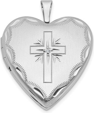 Diamond2Deal 14k White Gold Diamond Satin and Diamond-cut Cross 20mm Heart Locket