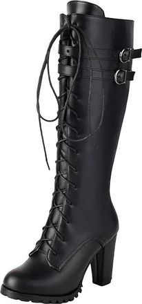 Generic Ladies Designer Knee High Boots Round Toe Super High Block Heel Platform With Zipper Lace-Up And Belt Details