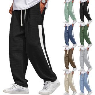 Generic Mens Joggers Bottoms Waffle Wide Leg Open Hem Side Stripes Athletic Lounge Pants Loose Fit Elastic Waist Gym Running Sports Activewear Trousers with P