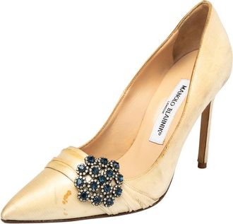 Manolo Blahnik Beige Satin Crystal Embellished Pointed Toe Pumps