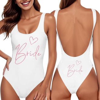 Generic Bride Bathing Suit Womens One Piece Swimwear, Letter Print High Cut Monokini, Tummy Control for Bachelorette Beach Party Gifts UK White