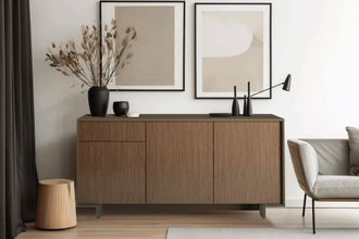 Dmora Aparador Agrifoglio, Aparador De Sal&oacute;n, Buffet De Sal&oacute;n Con 3 Puertas Y 1 Caj&oacute;n, 100% Made In Italy, 170x42h78 Cm, Marr&oacute;n Y Nogal, Con Embalaje Reforz