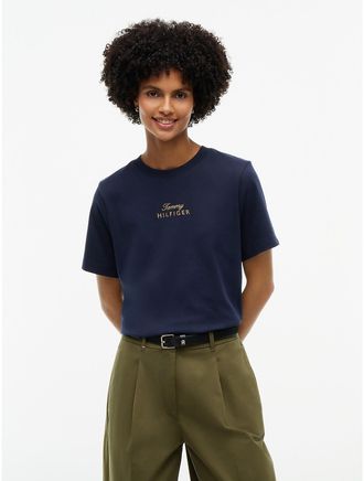Tommy Hilfiger Womens Embroidered Script Interlock T-Shirt - Navy - XL