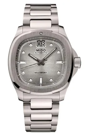Mido Multifort TV Big Date Automatic Bracelet Watch, 39.2mm x 40mm in Grey at Nordstrom