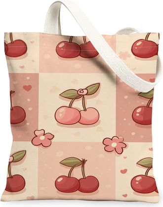 Generic Cherries Canvas Tote Bags, Adorable Fruit Pattern Reusable Grocery Bags, Spring Lightweight Washable Shoulder Strap Canvas, Peach, 13x15 Inch