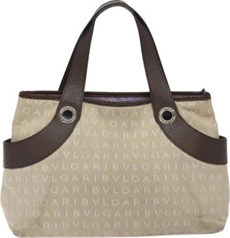 Bulgari Logo Mania Beige Canvas Handbag (Pre-Owned)