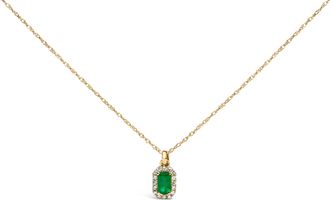 House of Brilliance 10K Yellow Gold 5x3mm Green Emerald and Diamond Accent Halo Octagonal Shape 18 Pendant Necklace