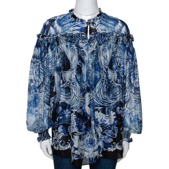Roberto Cavalli Blue Printed Silk Ruffled Blouse S