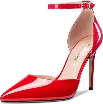 Castamere Women Stiletto High Heel Pointed Toe Ankle Strap Two-Piece Dress Pumps Court Shoe Slip-on Buckle Wedding Party 10 CM Heels Red 7.5 UK