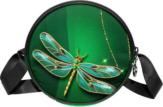 Generic Circle Crossbody Bag for Women, Green Dragonfly Small Sling Bag Daypack with Zipper Adjustable Shoulder Straps Casual Ladies Girls Round Purse