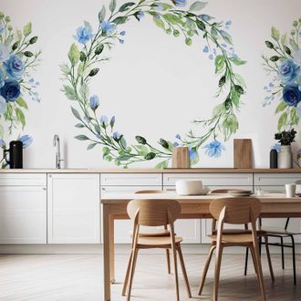 OEM Carta Da Parati Fotografica - Ghirlanda Romantica - Motivo Vegetale Con Fiori E Foglie Blu
