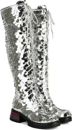 Generic Womens Round Toe Block Heels Knee High Boots Lace Up with Glitter Sequins Decor Fashion Nightclub Party Dance Shoes (5.5,Silver)