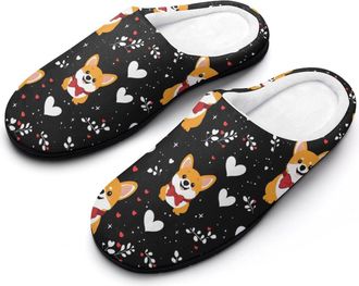 Generic Valentines Day Corgi Dog Hearts Cotton Slipper for Women Indoor Outdoor House Shoes Anti-Skid Slippers with Rubber Sole