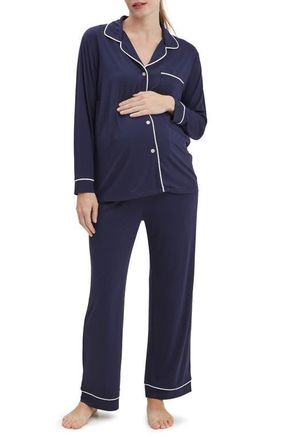 Nom Maternity Heart On My Sleeve Maternity Pajama Set in Navy at Nordstrom, Size Medium