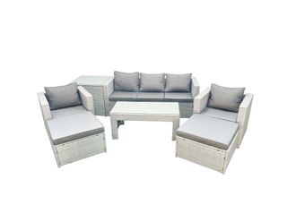 Fimous Rattan Garden Furniture Set 7 Seater Outdoor Garden Sofa 2 Chairs Oblong Coffee Table Set with 2 Stools Side Table Light Grey Mixed
