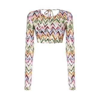 Missoni Long Sleeve Tops, female, Multicolor, Size: XS Crop Top in Stretch Viscose with Lace and Zigzag Motif