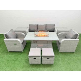 Fimous Pe Rattan Garden Furniture Set Reclining Chair Sofa Lounge Sofa Set Firepit Dining Table 2 Side Table 2 Small Stools Light Grey - Fimous
