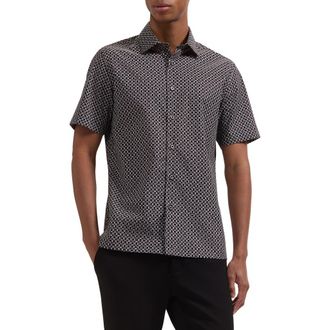 Bugatchi Vero Shaped Fit Geometric Print Short Sleeve Button-Up Shirt in Black at Nordstrom, Size X-Large