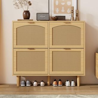 Matteo Farmhouse 4-Drawer Rattan Shoe Storage Cabinet - Light Oak