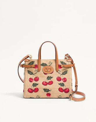 Valentino Garavani Valentino Garavani Antibes Small Shopping Bag In Jacquard Raffia With Cherryfic Pattern Wo