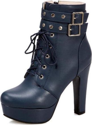 Generic Womens Chunky Heel Combat Boots with Metal Buckle Details, Front Lace-Up & Side Zipper for Autumn Winter,Blue,10 UK