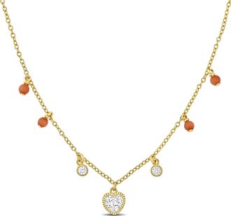 Mimi & Max Heart Round-Cut Created White Sapphire & Pink Bead Station Necklace Yellow Silver