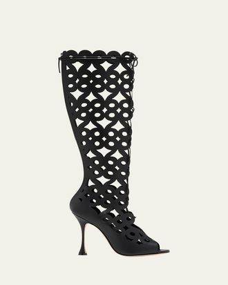 Manolo Blahnik Tarashi Perforated Lace-Up Knee Boots